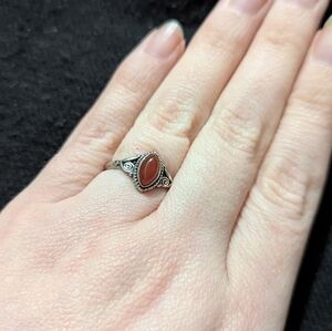 Silver Plated Orange Carnelian Gemstone Dainty Delicate Statement Ring - Sz 6.5